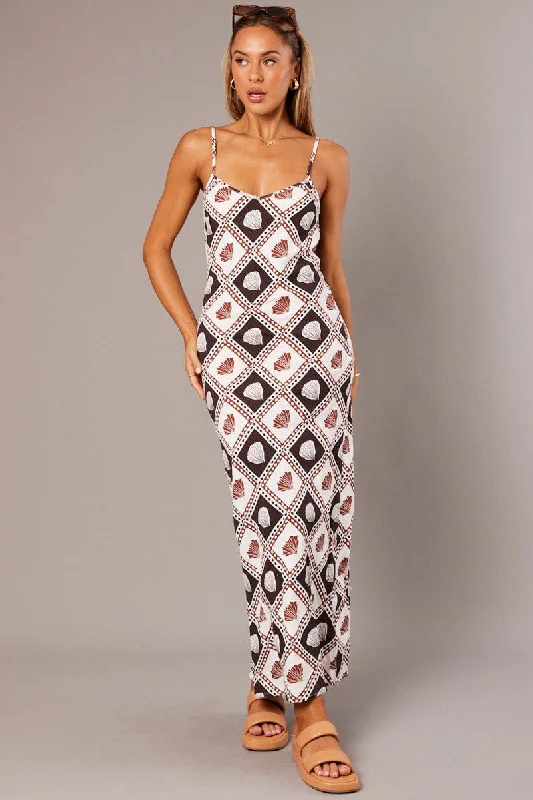 Women's Professional Attire Wardrobe Update Brown Abstract Maxi Dress Bias Cut Linen Blend Women's Professional Attire Wardrobe Update Brown Abstract Maxi Dress Bias Cut Linen Blend