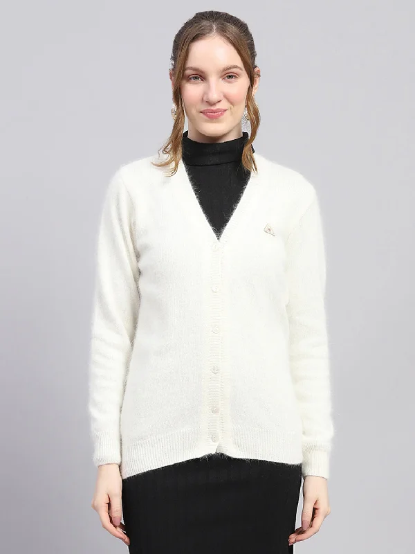 Women's Clothing Outfit Set Trendsetter's Closet Women Off White Solid V Neck Full Sleeve Cardigan