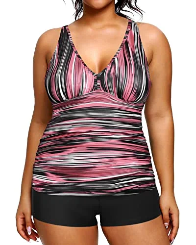 Elegant Women's Attire End Of Season Clearance Two Piece Plus Size Tankini Swimsuits Shorts Tummy Control Bathing Suits-Pink Stripe