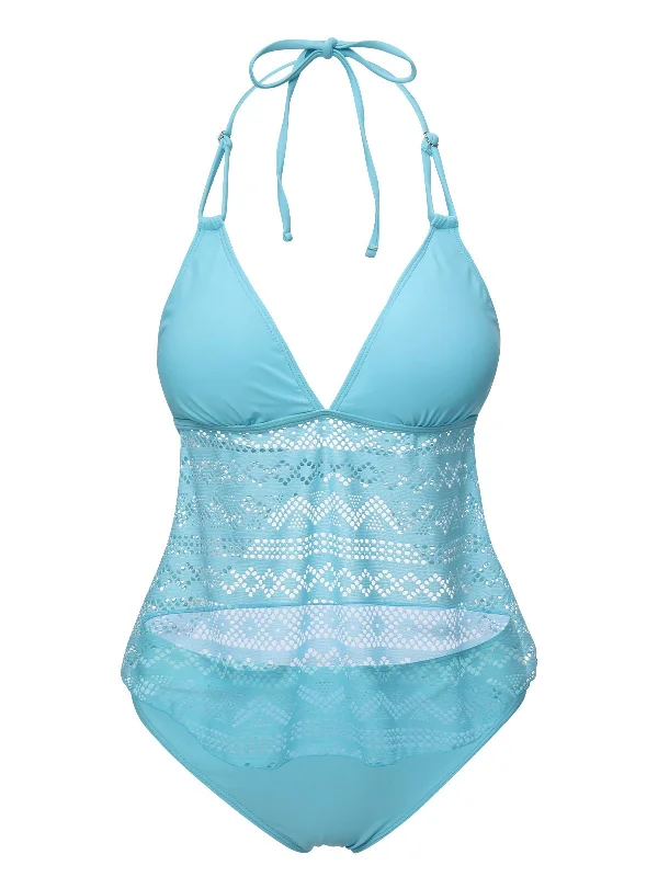 Modern Casual Clothing Flash Deals Light Blue 1930s Lace Hollow Halter Swimsuit