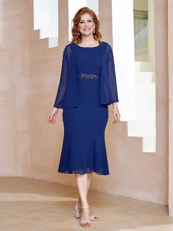 Women's Elegant Evening Attire Elevate Your Wardrobe Chiffon Beaded Tea-length Dress with Jacket Navy Blue Women's Elegant Evening Attire Elevate Your Wardrobe Chiffon Beaded Tea-length Dress with Jacket Navy Blue
