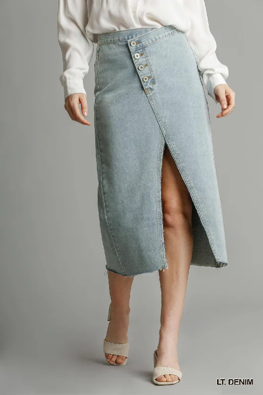 Hot Girl Asymmetrical Waist Buttoned Split Denim Skirt