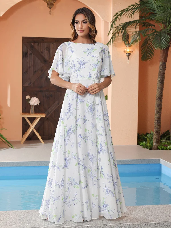 Comfortable Women's Clothes Clearance Sale Lavender Floral Flutter Sleeves Chiffon Max Dresses with Sash Bow Comfortable Women's Clothes Clearance Sale Lavender Floral Flutter Sleeves Chiffon Max Dresses with Sash Bow