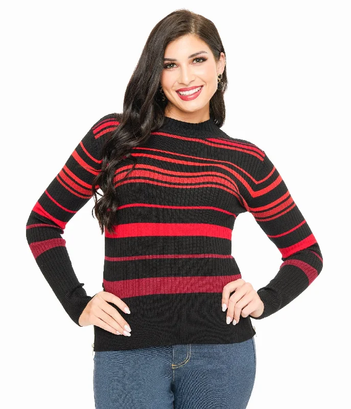 Women's Casual and Dressy Outfits Big Discounts Jawbreaker Red & Black Stripe High Neck Sweater Women's Casual and Dressy Outfits Big Discounts Jawbreaker Red & Black Stripe High Neck Sweater
