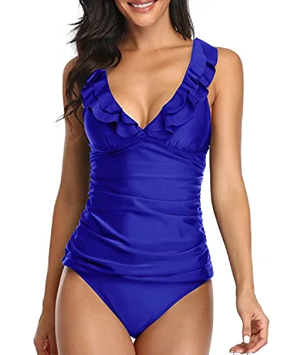 Women's Transitional Attire Exclusive Sale 2 Piece Ruched Bathing Suits Tummy Control Swimsuits Falbala Ruffle-Royal Blue