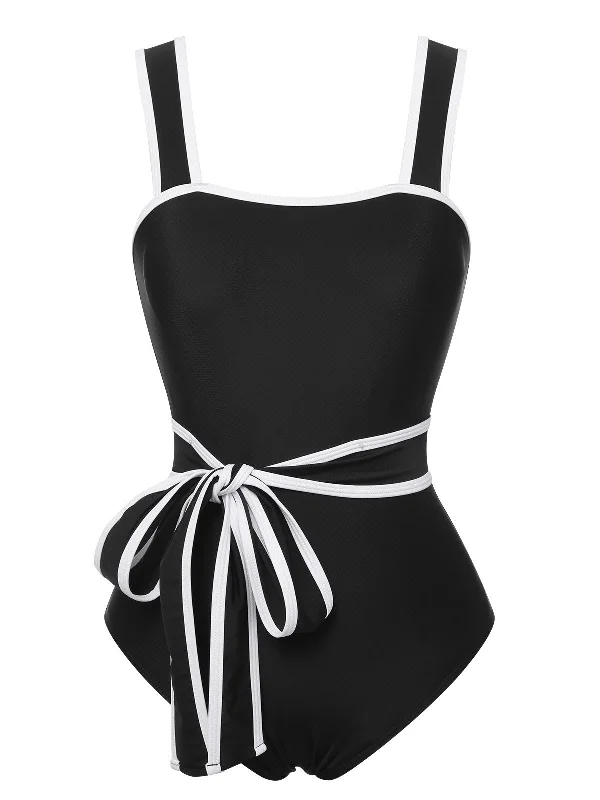Women Apparel Pastel Styles Black & White 1950s Wide Strap One-Piece Swimsuit