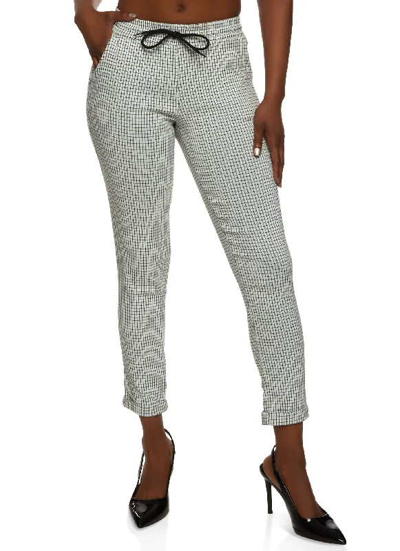 Elegant Women's Clothing Big Discounts Windowpane Plaid Drawstring Dress Pants