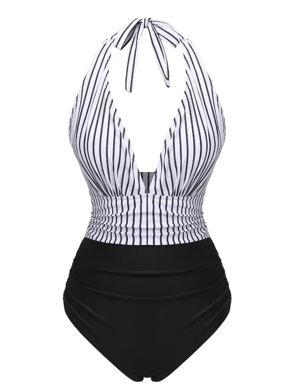 Casual Wear Update With Cottagecore Styles Black 1950s Deep V-Neck Stripe Swimsuit