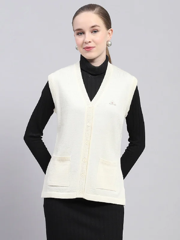 Graceful Fashion Limited - Time Bundle Women Off White Solid V Neck Sleeveless Cardigan