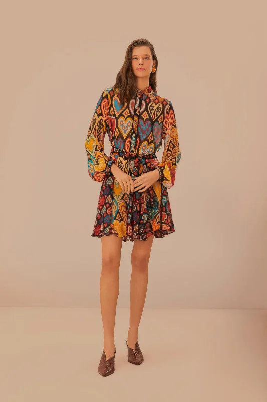 Women's Fashion Clothing Season Sale Black Hearts Ikat Mini Dress