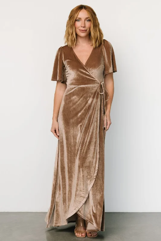 Stylish Dresses for Women Style Versatile Women's Collection Katelyn Velvet Maxi Wrap Dress | Taupe Stylish Dresses for Women Style Versatile Women's Collection Katelyn Velvet Maxi Wrap Dress | Taupe