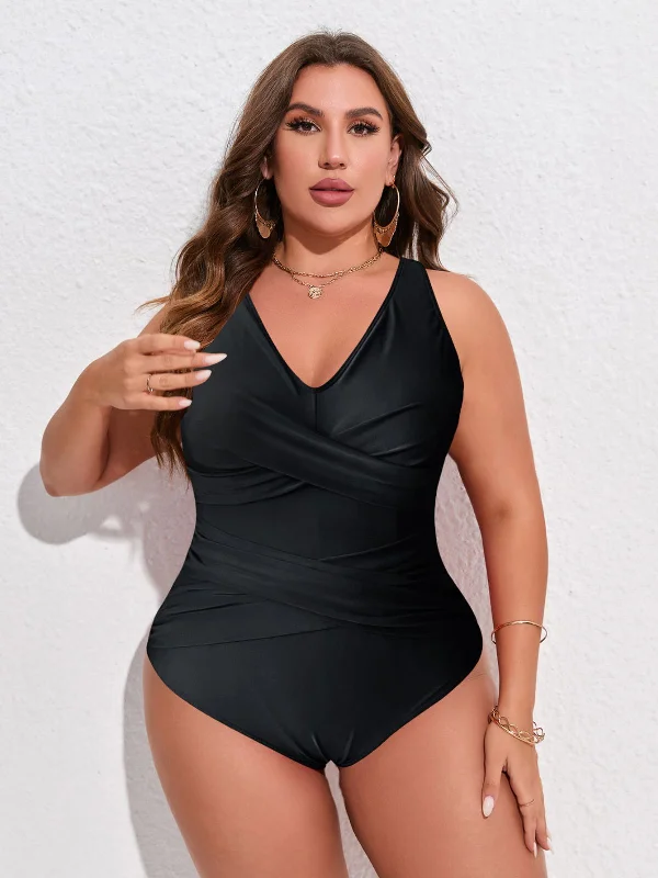 Premium Style Rustic Countryside Charm Look [Plus Size] Black 1940s Solid V-Neck One-Piece Swimsuit