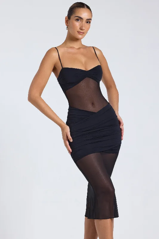 Charming Women's Garments Elegant Styles Sheer Panelled Draped Midaxi Dress in Black Charming Women's Garments Elegant Styles Sheer Panelled Draped Midaxi Dress in Black