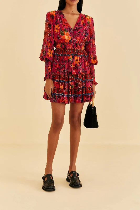 Women's Vintage Attire Limited Styles Pink Tropical Tapestry Mini Dress