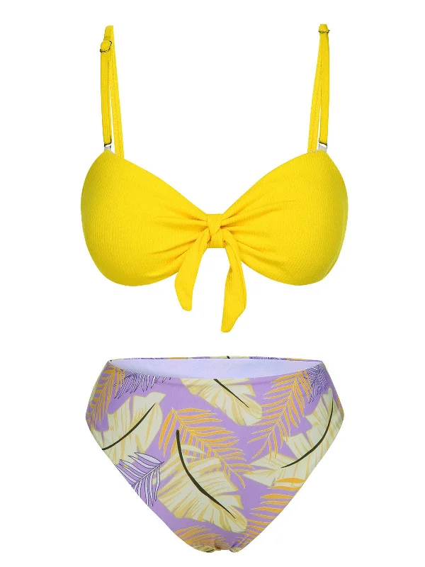 Graceful Fashion Limited - Time Bundle Yellow 1960s Plant Prints Halter Bow Swimsuit Graceful Fashion Limited - Time Bundle Yellow 1960s Plant Prints Halter Bow Swimsuit