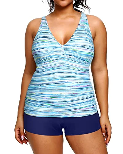 Women's Evening Wear Attire Chic Style Women's Plus Size Adjustable Shoulder Straps Tankini Swimsuit-Blue Striped