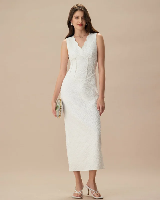 Shop Ladies Clothes Must Haves Women's White V-Neck Jacquard Maxi Dress