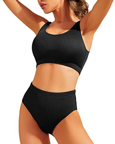Free Spirited Fashion Now On Sale For Chic Urban Styles High Waisted Ribbed Bikini Two Piece Bathing Suit For Women-Black Free Spirited Fashion Now On Sale For Chic Urban Styles High Waisted Ribbed Bikini Two Piece Bathing Suit For Women-Black