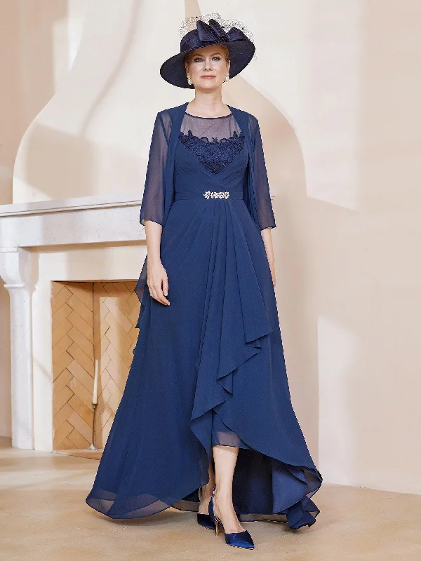 Weekend Sale Seasonal Fashion Illusion Neckline Ruffles Dress With Jacket Dark Navy