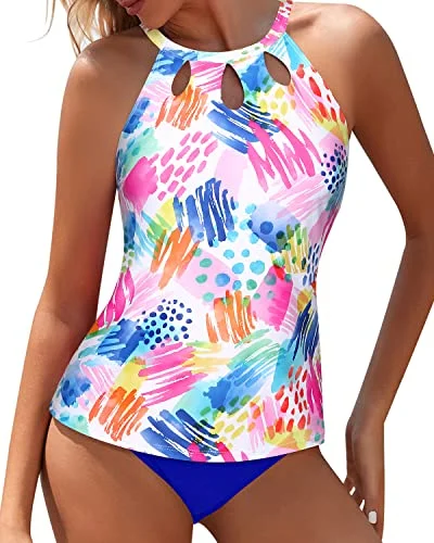 Women's Activewear Garments Evening Elegance Trendy Swim Top & High Waisted Bottom Tummy Control Tankini Swim Suit-Colorful Watercolor