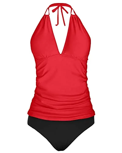 Women's Layered Outfit Break Fashion Norms Backless V Neck Tankini Tops Bikini Bottom Tummy Control-Neon Red