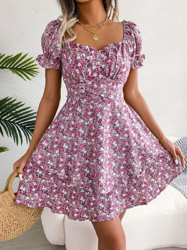 Women's Stylish Outdoor Outfit Chic Wardrobe Essentials Floral Sweetheart Neck Flounce Sleeve Mini Dress Women's Stylish Outdoor Outfit Chic Wardrobe Essentials Floral Sweetheart Neck Flounce Sleeve Mini Dress