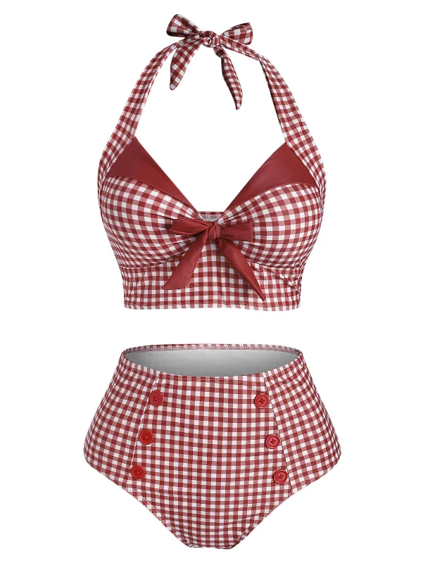 Holiday Discount Final Sale Red 1950s Checked Halter Bowknot Bikini Set