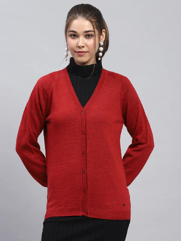Online Boutiques Chic Styles Women Maroon Solid V Neck Full Sleeve Cardigan