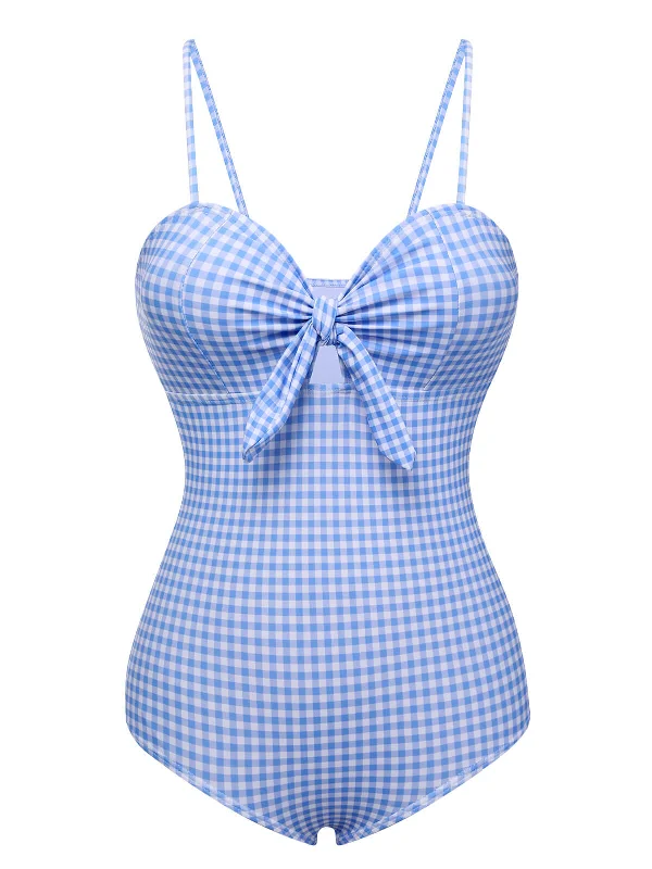 Bold Fashion Classic Timeless Elegant Style Blue 1950s Plaid Knot Strap Swimsuit