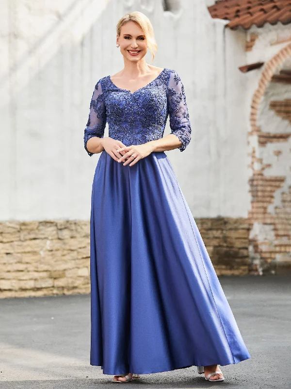 Women's Trendy Garments Exclusive Sale V-Neck Lace Top A-line Satin Dress Navy Blue Women's Trendy Garments Exclusive Sale V-Neck Lace Top A-line Satin Dress Navy Blue
