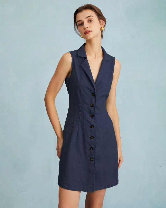 Women's Office Attire Limited Time Deal The Navy Lapel Button-up Sleeveless Mini Dress Women's Office Attire Limited Time Deal The Navy Lapel Button-up Sleeveless Mini Dress