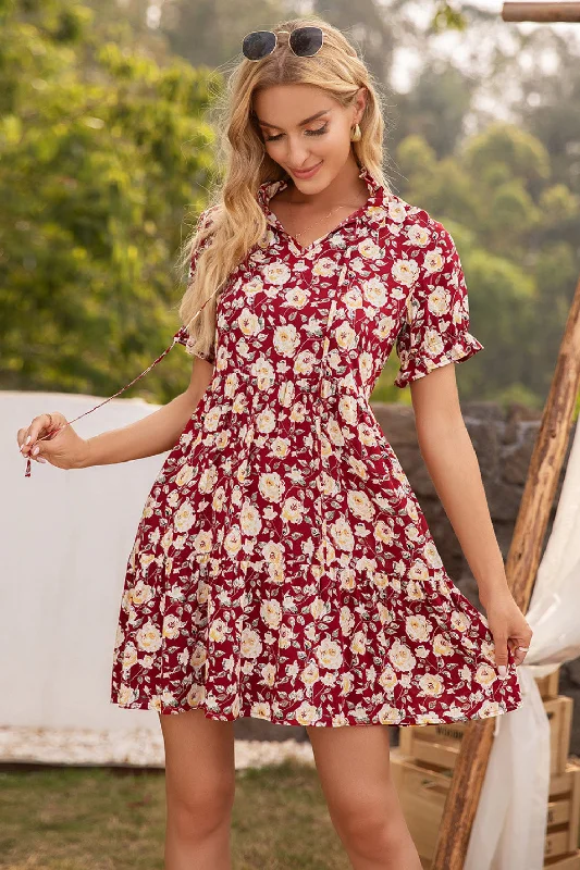 Latest Fashion for Women Buy More, Save More Floral Ruffle Trim Tie-Neck Dress