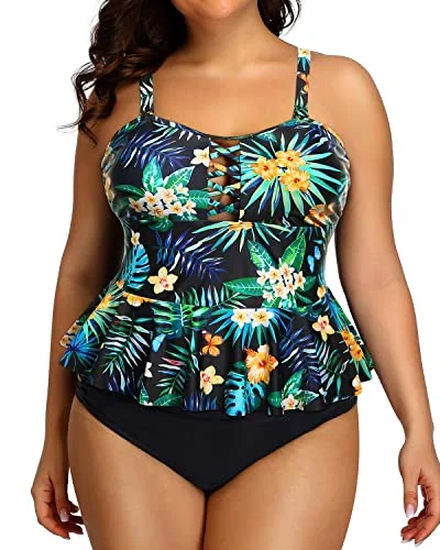 Peplum Tankini Tops And High Waisted Swimwear For Women Plus Size Swimsuits-Black Leaf