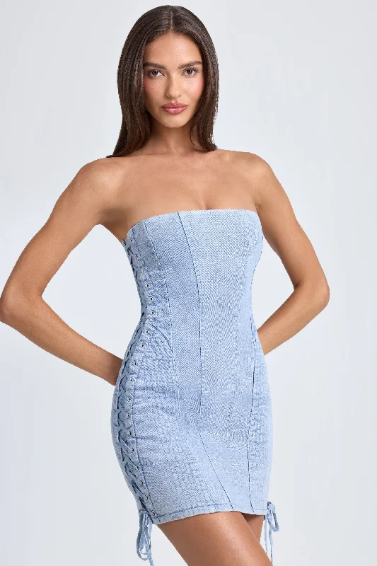 Timeless Women's Fashion Styles Flash Sale Now Bandeau Lace-Up Mini Dress in Light Blue Stonewash Timeless Women's Fashion Styles Flash Sale Now Bandeau Lace-Up Mini Dress in Light Blue Stonewash