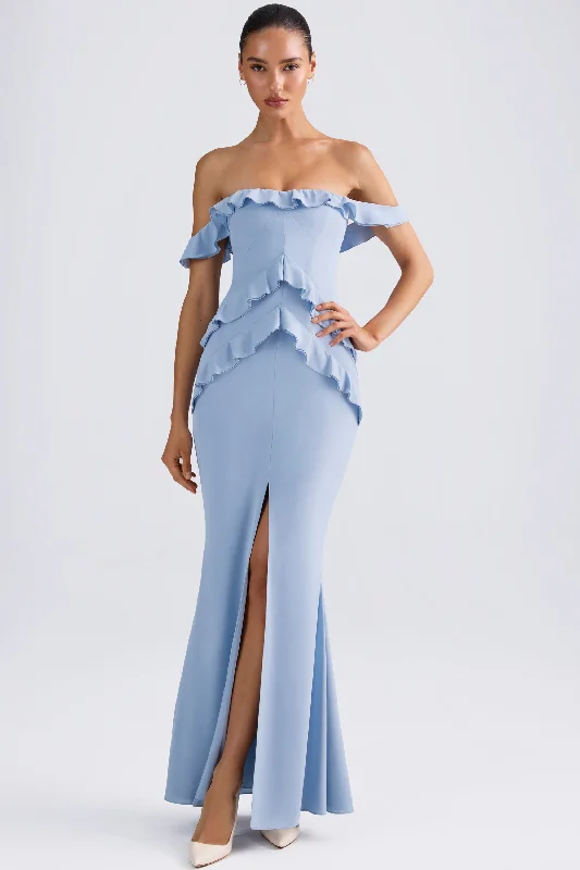 Women's Athletic Apparel Bold Fashion Off-Shoulder Ruffle-Trim Gown in Light Blue