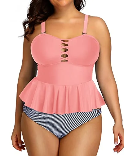 Flash Sale Clothing Eco Friendly Fashion Sale Lace Up Plus Size Swimsuits For Women Tummy Control Two Piece Bathing Suits-Coral Pink Stripe
