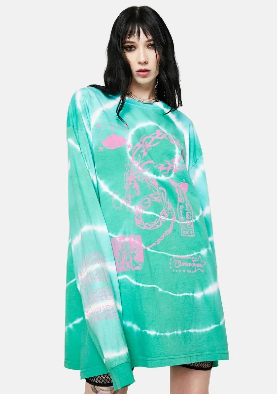Women's Versatile Apparel Rocker Chic Fashion Dragon Print Tie Dye Long Sleeve Tee
