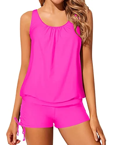 Casual Garments For Women Seasonal Trends Loose Fit Women's Blouson Tankini Swimwear Modest Coverage-Neon Pink