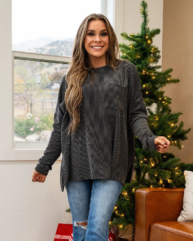 Women's Comfortable Lounge Garments Luxury Fashion DOORBUSTER! Oversized Corded Side Slit Top - Charcoal