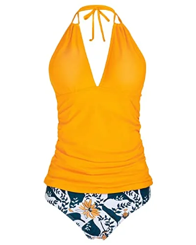 Timeless Women's Apparel Casual Wear Backless Design Double Straps Detail Swimwear Two Piece Tankini-Yellow Floral Timeless Women's Apparel Casual Wear Backless Design Double Straps Detail Swimwear Two Piece Tankini-Yellow Floral