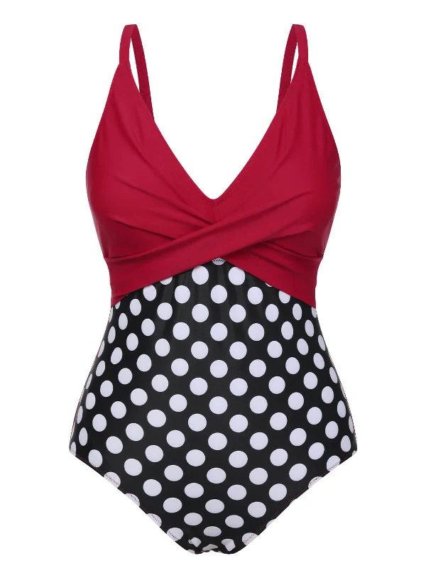 Luxury Fashion Art Deco Geometric Pattern Look Red 1960s Polka Dot Patchwork Swimsuit Luxury Fashion Art Deco Geometric Pattern Look Red 1960s Polka Dot Patchwork Swimsuit