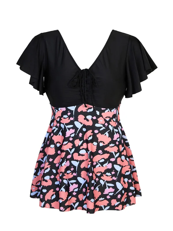 Women's Stylish Professional Apparel Edgy Fashion [Plus Size] Black 1930s Contrast Patchwork Swimsuit