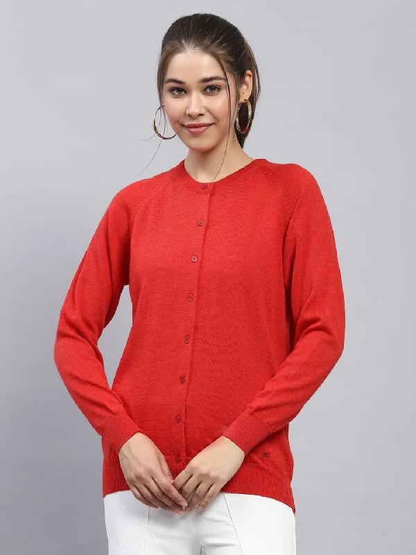 Holiday Discount Final Sale Women Red Solid Round Neck Full Sleeve Cardigan