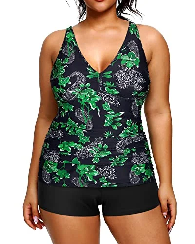 Women's Evening Garments Fashion Forward Athletic Plus Size Tankini Shorts Tummy Control Two Piece Swimsuits-Green Paisley