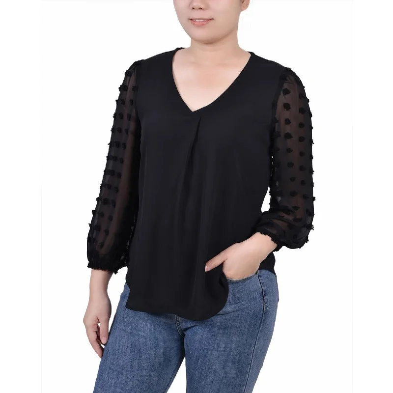 Women's Elegant Formal Outfit Comfort Centric Apparel Petites Womens Swiss Dot V-Neck Blouse Women's Elegant Formal Outfit Comfort Centric Apparel Petites Womens Swiss Dot V-Neck Blouse