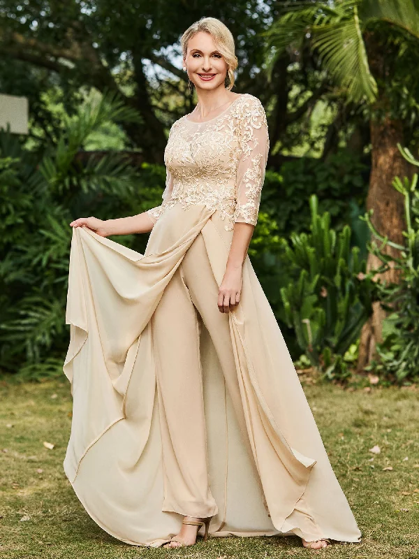 Holiday Discount Final Sale Illusion Neckline Lace Appliqued Jumpsuit Champagne