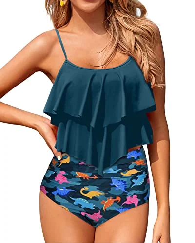 Vibrant Femme Fashion Lightweight Fabric Flowy Tankini Top Tiered Ruffle Bikini Sets For Teen Girls-Blue Green Dinosaur Vibrant Femme Fashion Lightweight Fabric Flowy Tankini Top Tiered Ruffle Bikini Sets For Teen Girls-Blue Green Dinosaur