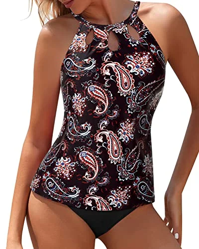 Trendy High Neck Two Piece Tummy Control Tankini Swimwear-Black Tribal