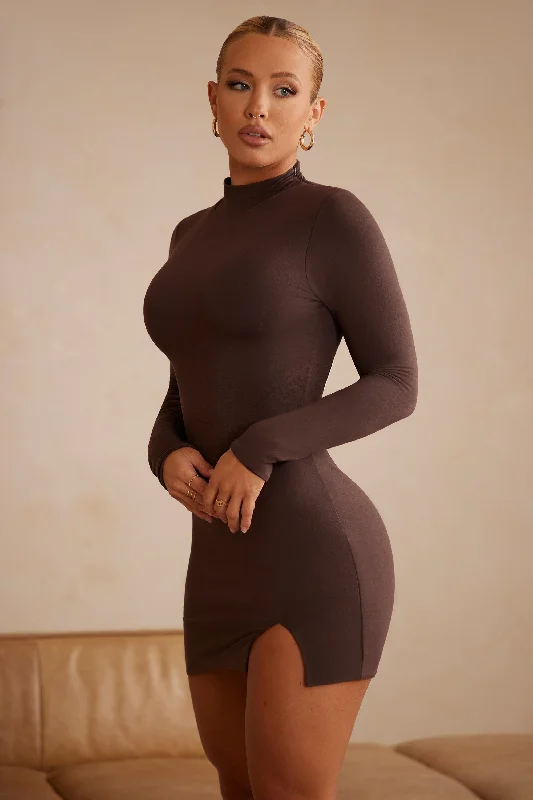 Clothes For Women Summer Fashion High Neck Long Sleeve Mini Dress in Chocolate