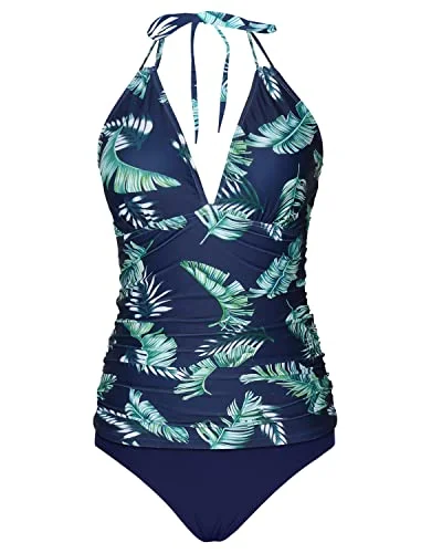 Women's Occasion Wear Apparel Street Style Fashion Women's Halter Tankini V Neck Tops & Bikini Bottom Bathing Suit Set-Blue Leaves Women's Occasion Wear Apparel Street Style Fashion Women's Halter Tankini V Neck Tops & Bikini Bottom Bathing Suit Set-Blue Leaves